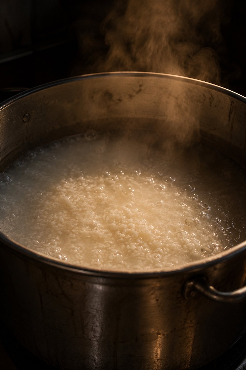 Rice simmering into the porridge base before dawn