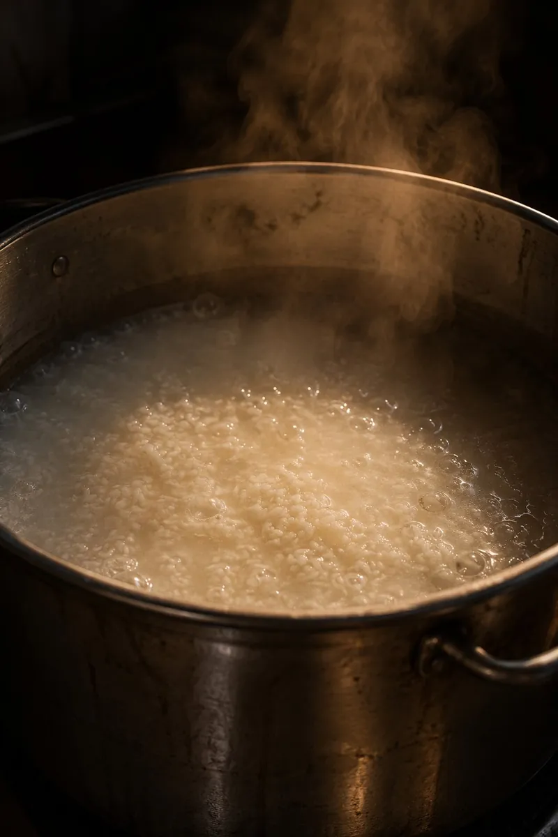 Rice simmering into the porridge base before dawn