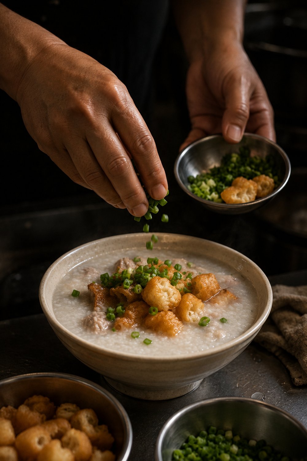 Spring onion, youtiao and sesame oil finishing the bowl